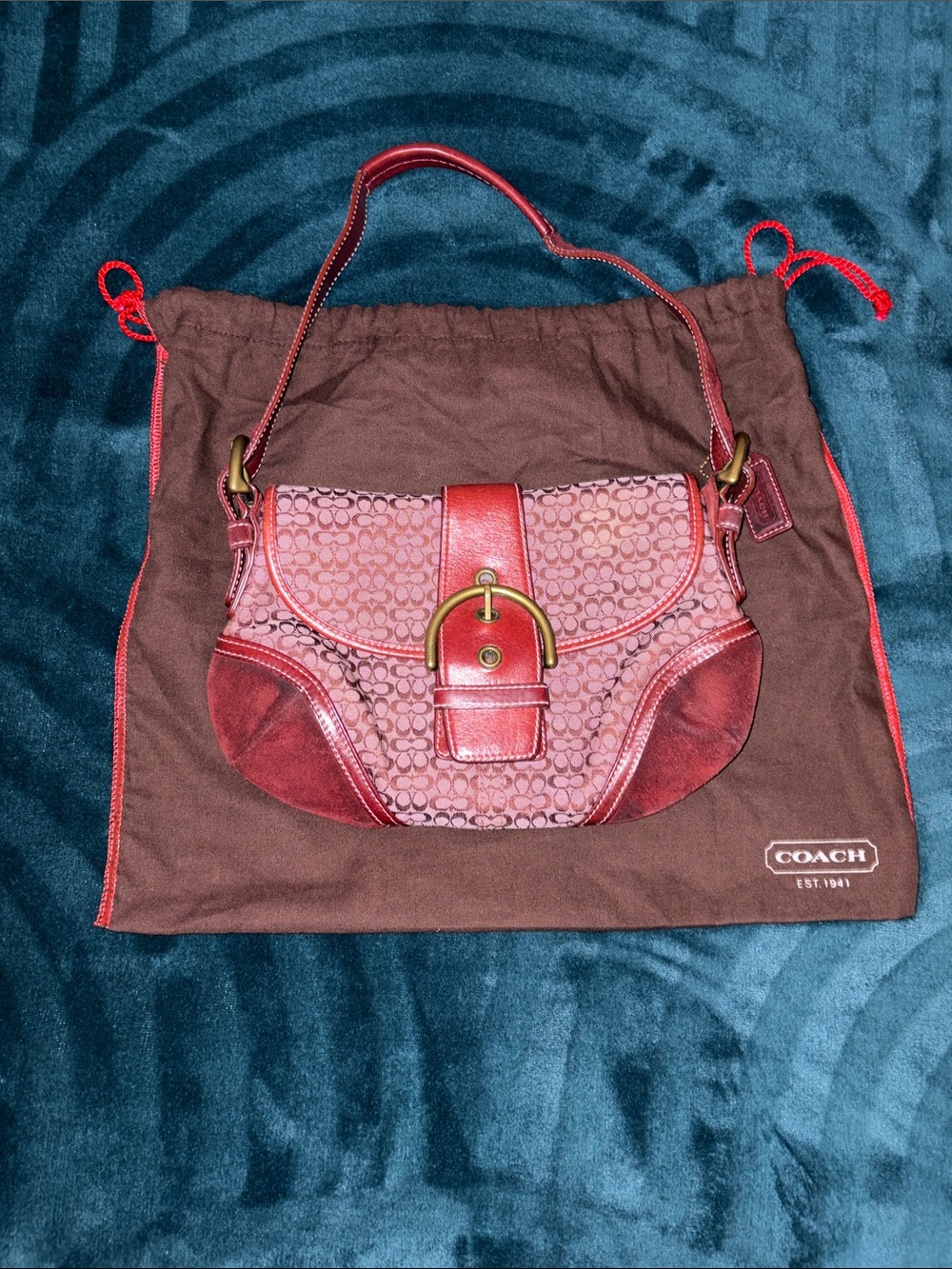 Coach Burgundy Signature Canvas & Leather Shoulder Bag with Gold Hardware